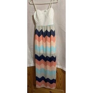 Womens Juniors Size Medium Chevron Print Maxi Dress Blue Orange White Crochet